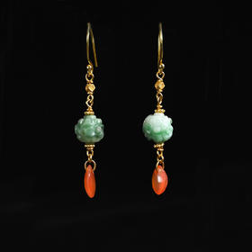 清代翡翠玲珑珠+红玛瑙坠耳环