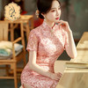 粉色性感旗袍,蕾丝绣花短袖立领走秀晚礼服ST- B2158 商品缩略图0