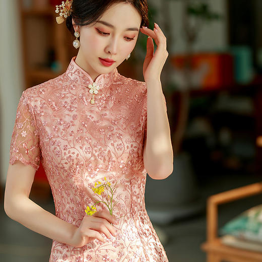 粉色性感旗袍,蕾丝绣花短袖立领走秀晚礼服ST- B2158 商品图4