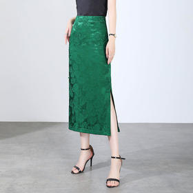 LSMB220708新款复古优雅盘扣提花中长款开叉半身裙