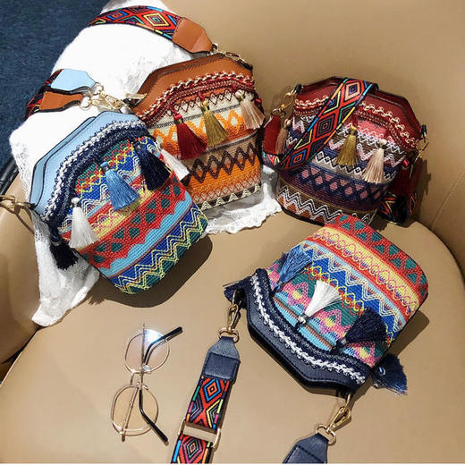 新款民族风优雅气质百搭，单肩流苏斜挎水桶包 商品图0