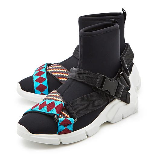 PRADA 普拉达 女士多色系带面料高帮休闲运动鞋 黑色 1T918I 3KGR F0RC2 商品图0
