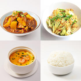 土豆牛肉+虾仁蒸蛋+小炒花菜+米饭