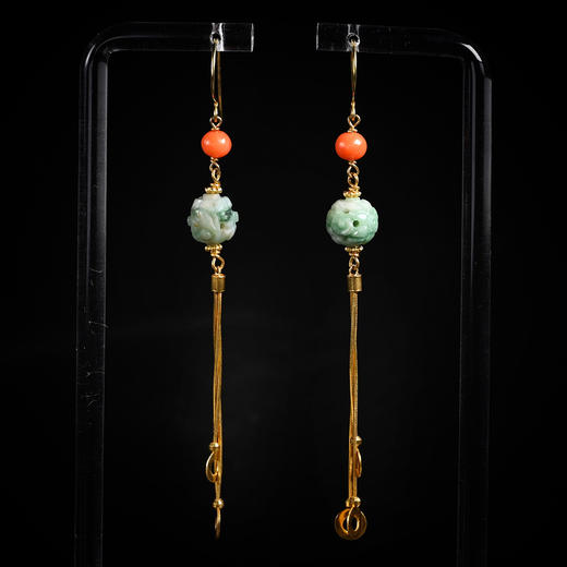清代翡翠玲珑珠金流苏耳环 商品图0