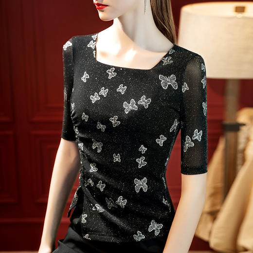 中袖网纱t恤，方领蝴蝶印花褶皱收腰上衣SG-T2Q2725 商品图3