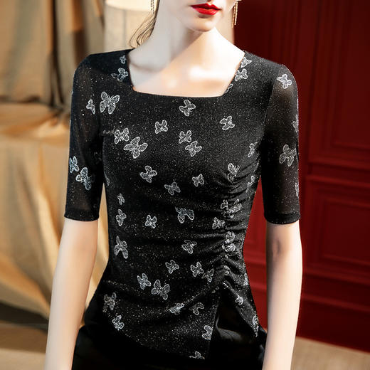 中袖网纱t恤，方领蝴蝶印花褶皱收腰上衣SG-T2Q2725 商品图2