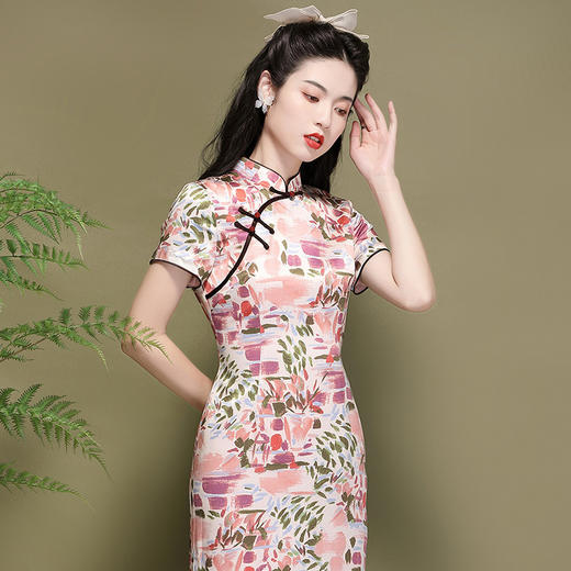 OY-220257夏季国潮短袖连衣裙改良年轻款日常粉色醋酸印花旗袍220257 商品图2