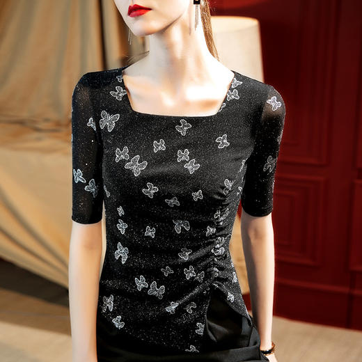 中袖网纱t恤，方领蝴蝶印花褶皱收腰上衣SG-T2Q2725 商品图1