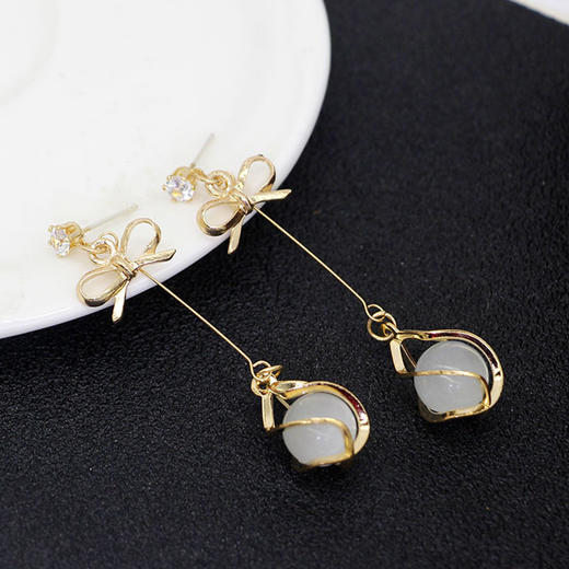 JU-A19欧美猫眼石镂空长款蝴蝶结耳环韩版个性流苏耳饰气质简约耳钉 商品图3