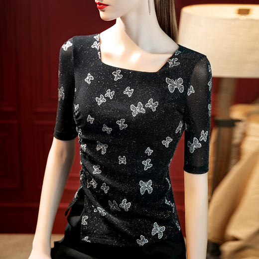中袖网纱t恤，方领蝴蝶印花褶皱收腰上衣SG-T2Q2725 商品图0