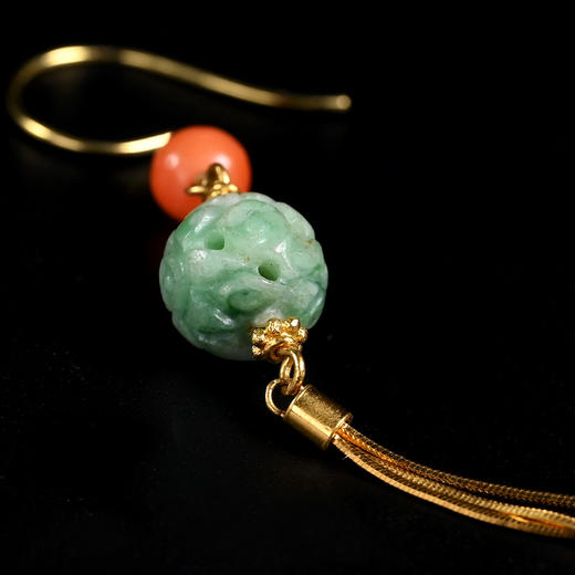 清代翡翠玲珑珠金流苏耳环 商品图4