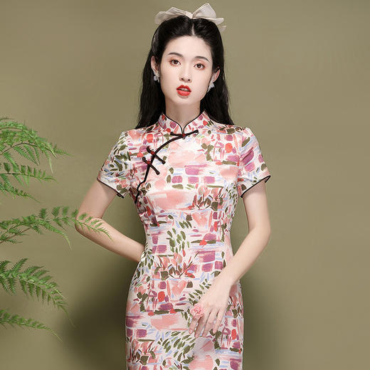 OY-220257夏季国潮短袖连衣裙改良年轻款日常粉色醋酸印花旗袍220257 商品图3