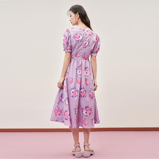 西遇法式方领连衣裙2023年夏季新款印花系带收腰显瘦假两件小裙子11421119 商品图3