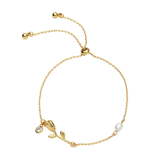 【包邮】Oflye潮流饰品 天然珍珠抽拉式手链女金属玫瑰吊坠锆石镶嵌气质饰品 商品图0