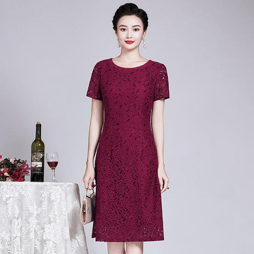 ZY-Q5696夏装新款酒红色蕾丝连衣裙收腰显瘦优雅 商品图0