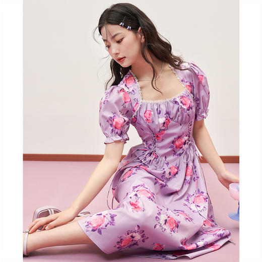 西遇法式方领连衣裙2023年夏季新款印花系带收腰显瘦假两件小裙子11421119 商品图2