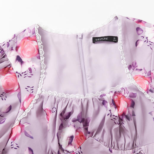 西遇法式方领连衣裙2023年夏季新款印花系带收腰显瘦假两件小裙子11421119 商品图5