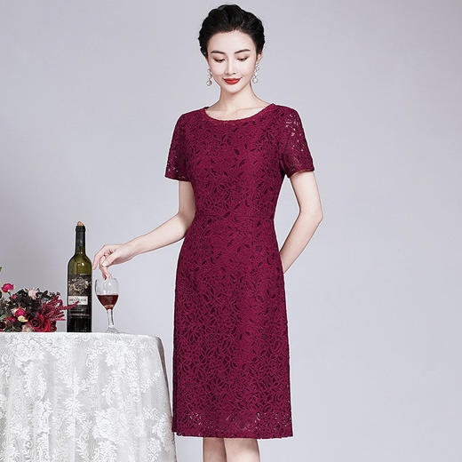 ZY-Q5696夏装新款酒红色蕾丝连衣裙收腰显瘦优雅 商品图2