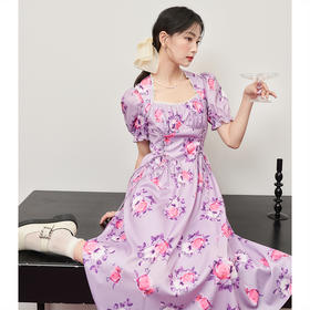 西遇法式方领连衣裙2023年夏季新款印花系带收腰显瘦假两件小裙子11421119