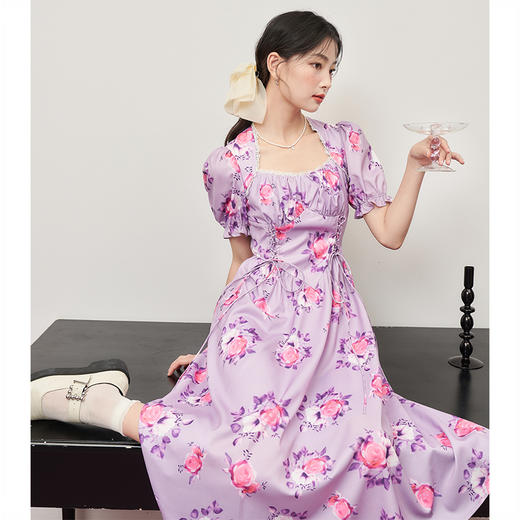 西遇法式方领连衣裙2023年夏季新款印花系带收腰显瘦假两件小裙子11421119 商品图0