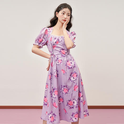 西遇法式方领连衣裙2023年夏季新款印花系带收腰显瘦假两件小裙子11421119 商品图4