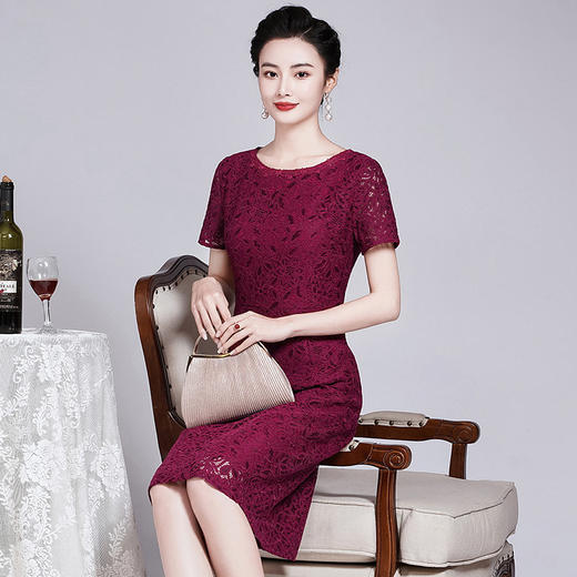 ZY-Q5696夏装新款酒红色蕾丝连衣裙收腰显瘦优雅 商品图1