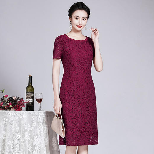 ZY-Q5696夏装新款酒红色蕾丝连衣裙收腰显瘦优雅 商品图4