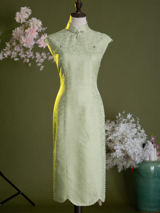 荷言HEYEN 凤箫声动 凤穿花卉暗纹真丝棉面料+珍珠边+葫芦扣手工旗袍 商品图6