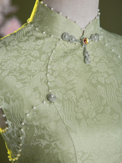 荷言HEYEN 凤箫声动 凤穿花卉暗纹真丝棉面料+珍珠边+葫芦扣手工旗袍 商品图5