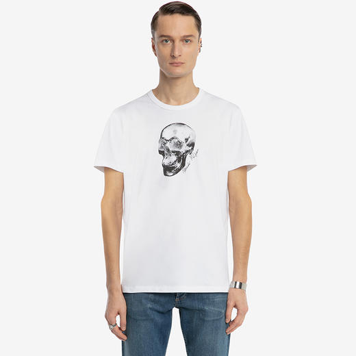 ALEXANDER MCQUEEN 亚历山大麦昆 男士棉质骷髅图案徽标圆领短袖T恤 白色 705010 QTZ16 0900 商品图1