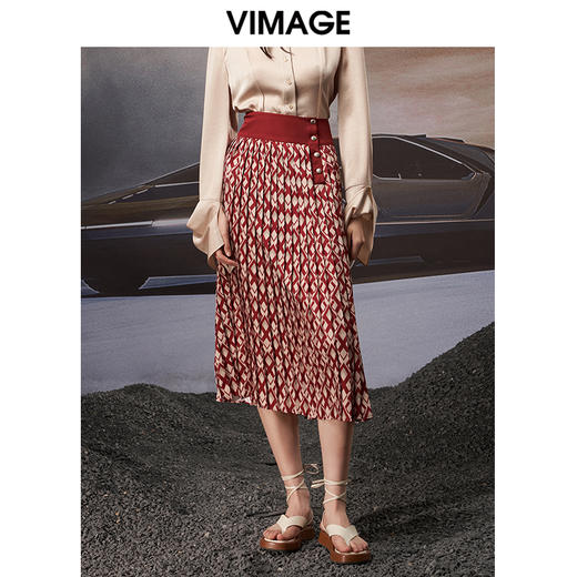 VIMAGE纬漫纪秋季新款个性洋气复古百褶高腰半身裙女裙V1806408 商品图0