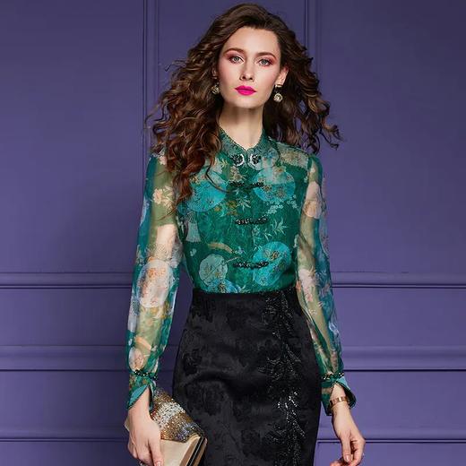 FMY43988新款复古优雅气质立领盘扣长袖欧根纱衬衫 商品图0