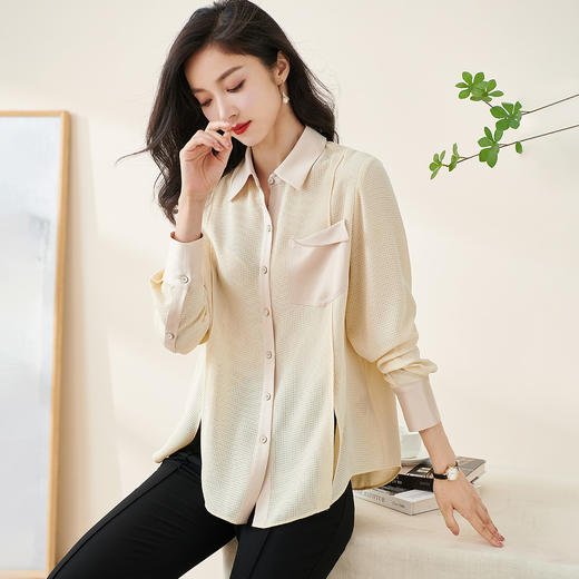 米思阳2026春季新款时尚小香风衬衫拼接醋酸薄款宽松长袖衬衣2140 商品图1