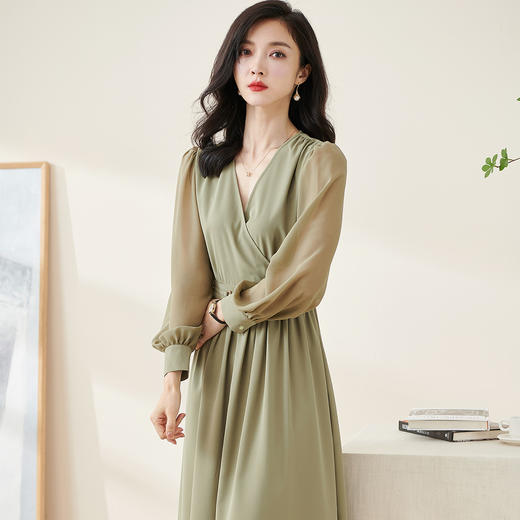 剩S/M/L/XL 米思阳2026春季新款气质淑女交叠V领连衣裙薄款长袖大摆裙子2114 商品图1