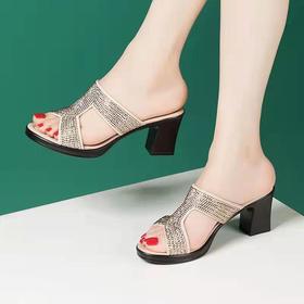 XHRJH220711新款时尚气质百搭粗跟水钻凉拖鞋