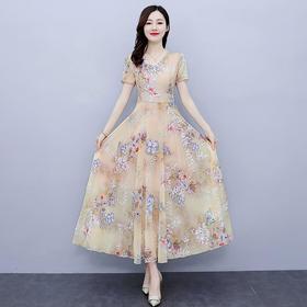 NYL92235新款时尚优雅气质修身显瘦V领短袖中长款雪纺碎花连衣裙