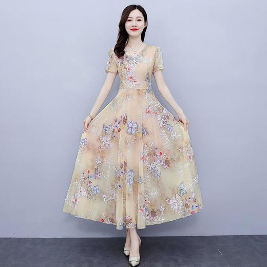 NYL92235新款时尚优雅气质修身显瘦V领短袖中长款雪纺碎花连衣裙 商品图0