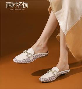 西村名物穆勒拖棋盘格女鞋法式包头拖鞋真皮2022夏季新款11741