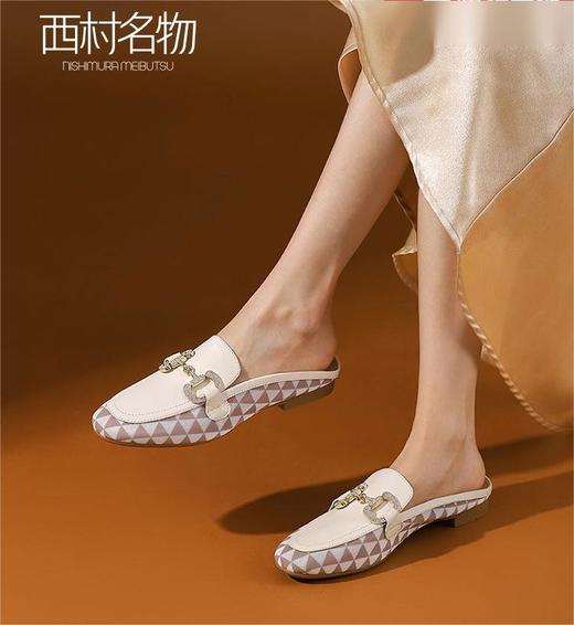 西村名物穆勒拖棋盘格女鞋法式包头拖鞋真皮2022夏季新款11741 商品图0