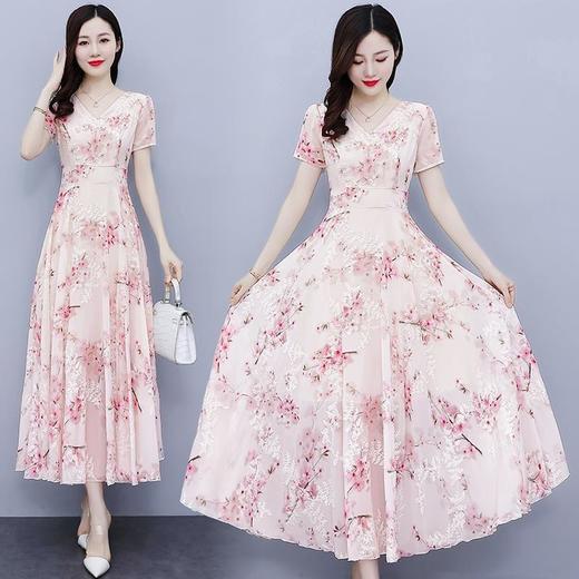 NYL92235新款时尚优雅气质修身显瘦V领短袖中长款雪纺碎花连衣裙 商品图1