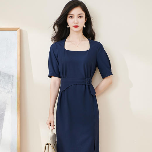 米思阳2024夏季新款气质复古方领五分袖连衣裙薄款收腰中长裙2064 商品图2