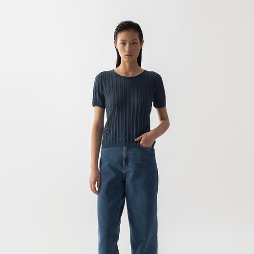 322工房新款16针坑条挑孔针法有机棉镂空针织T恤 商品图1