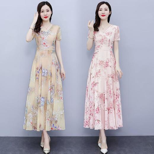 NYL92235新款时尚优雅气质修身显瘦V领短袖中长款雪纺碎花连衣裙 商品图3