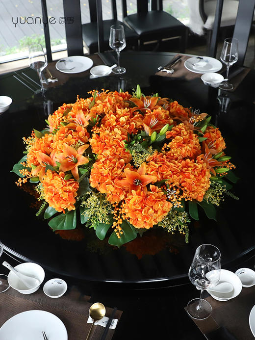 酒店餐桌花饭店餐厅包厢大圆桌中间转盘摆花高端仿真花装饰花摆设 商品图2