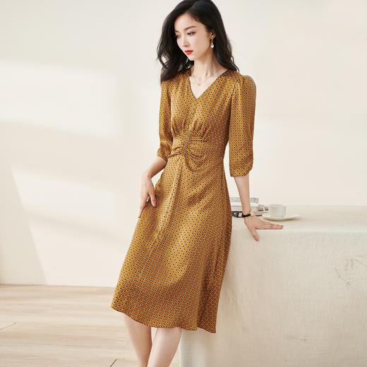 剩S/M 米思阳2025春季新款知性优雅印花七分袖连衣裙高腰显瘦中长裙2139 商品图1