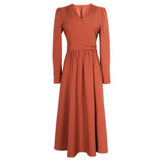 剩XL/S/M 米思阳2026春季新款简约气质通勤长袖连衣裙褶皱V领大摆裙子2507 商品图6