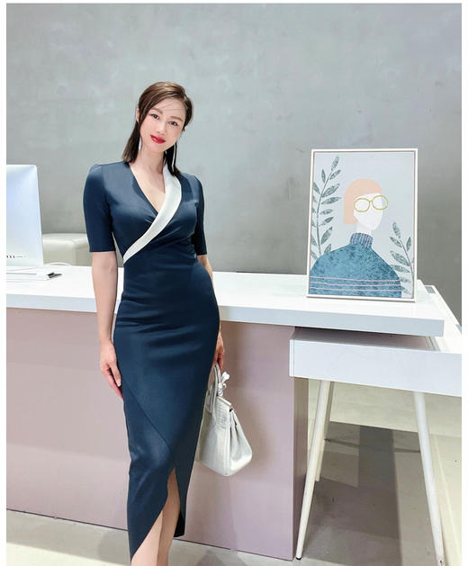 J20384523颈袖添香装新款时尚OL气质修身显瘦包臀职场装连衣裙女装J20384523T1X5 商品图6