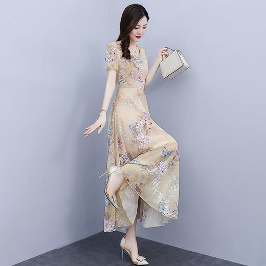 NYL92235新款时尚优雅气质修身显瘦V领短袖中长款雪纺碎花连衣裙 商品图4