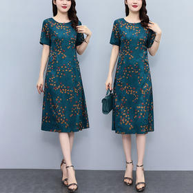 碎花连衣裙妈妈夏装短袖裙子夏季气质大码显瘦长裙复古 JH8057