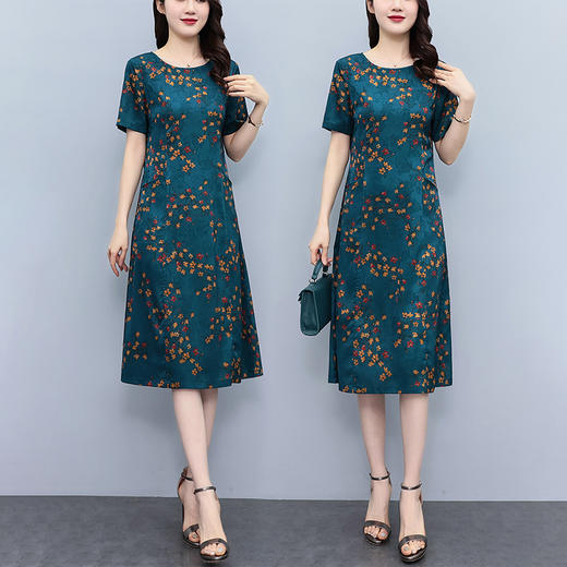 碎花连衣裙妈妈夏装短袖裙子夏季气质大码显瘦长裙复古 JH8057 商品图0